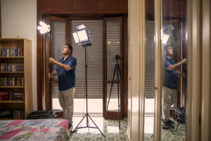 Cameraman Enzo Cit is seen during the film shooting of “Top gun” porn parody realized by Napolsex production in Ischia island, Southern Italy on July 25, 2021.