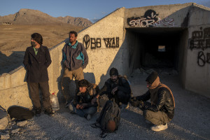 Afghan refugees are seen near a tunnel outiside the city of Van, Turkey on October 23, 2021. Refugees use tunnel for temporary shelter on their way to Van or other Turkish cities.