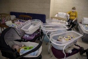 Nurses look after surrogate-born babies inside a special shelter owned by BioTexCom clinic in a residential basement, as Russia’s invasion continues, on the outskirts of Kyiv, Ukraine on March 19, 2022.
