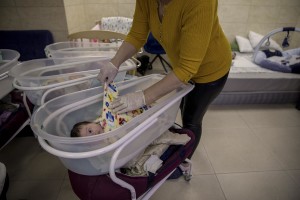 Nurses look after surrogate-born babies inside a special shelter owned by BioTexCom clinic in a residential basement, as Russia’s invasion continues, on the outskirts of Kyiv, Ukraine on March 19, 2022.