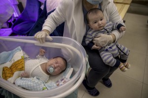 Nurses look after surrogate-born babies inside a special shelter owned by BioTexCom clinic in a residential basement, as Russia’s invasion continues, on the outskirts of Kyiv, Ukraine on March 19, 2022.