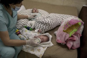 Nurses look after surrogate-born babies inside a special shelter owned by BioTexCom clinic in a residential basement, as Russia’s invasion continues, on the outskirts of Kyiv, Ukraine on March 19, 2022.