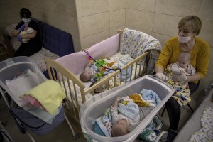 Nurses look after surrogate-born babies inside a special shelter owned by BioTexCom clinic in a residential basement, as Russia’s invasion continues, on the outskirts of Kyiv, Ukraine on March 19, 2022.