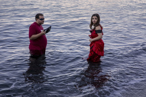 The director Axel Ramirez (left) and the porn actress Mary Jane (right) are seen during the shooting of “Titanic XXX parody” realized by “Napolsex” production in Ischia island, Southern Italy on June 19, 2022.