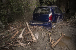 A destroyed car is seen the day after a landslide hit the Italian holiday island of Ischia, Southern Italy on November 27, 2022.