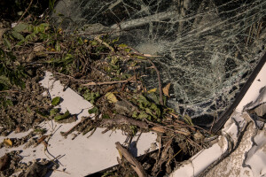 The destroyed front windscreen of a car is seen the day after a landslide hit the Italian holiday island of Ischia, Southern Italy on November 27, 2022.