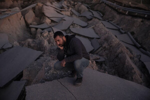 A man is seen along a faultline in Pazarcik, Turkey on February, 14 2023. On February 6, 2023 a powerful earthquake measuring 7.8 struck southern Turkey killing more than 50,000 people.