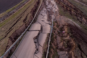 A general view of a faultline in Pazarcik, Turkey on February, 14 2023. On February 6, 2023 a powerful earthquake measuring 7.8 struck southern Turkey killing more than 50,000 people.