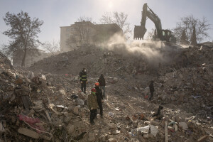 Workers are seen in the rubble of destroyed buildings in Kahramanmaras, Turkey on February 16, 2023. On February 6, 2023 a powerful earthquake measuring 7.8 struck southern Turkey killing more than 50,000 people.