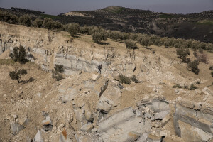 A child runs inside the huge faultline caused by the earthquake of Tepehan, Turkey on March 15, 2023. On February 6, 2023 a powerful earthquake measuring 7.8 struck southern Turkey killing more than 50,000 people.