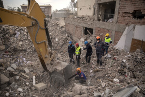 Workers search for lifeless bodies in the rubble of a building in Kahramanmaras, Turkey on February 19, 2023. On February 6, 2023 a powerful earthquake measuring 7.8 struck southern Turkey killing more than 50,000 people.