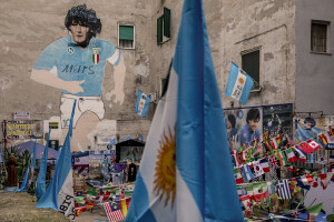 A big mural depicting the Argentine soccer legend Diego Armando Maradona is seen in the Spanish Quarter in Naples, Southern Italy on November 23, 2021. Diego Armando Maradona died on November 25 of last year and next November 25, 2021 will be the anniversary of his death.