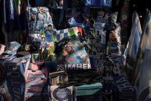 Gadgets of the Napoli football team are displayed on a stall in the historic center of Naples, Southern Italy on April 23, 2023.