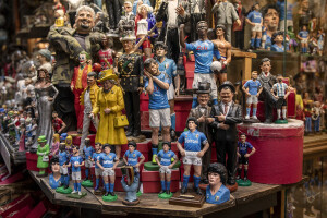 Statuettes depicting the Argentine soccer legend Diego Armando Maradona and the players of the Napoli soccer team are seen in San Gregorio Armeno street in Naples, Southern Italy on April 6, 2022.
