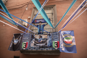 A giant print of Georgian footballer and Napoli striker Khvicha Kvaratskhelia is seen on a balcony of the Spanish neighborhoods in Naples, Southern Italy on April 3, 2023.