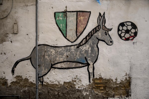 A donkey (the SSC Napoli mascot) and a tricolor shield are painted on a wall of the Spanish neighborhoods in Naples, Southern Italy on April 24, 2023.