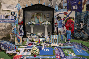 An altar dedicated to the Argentine soccer legend Diego Armando Maradona is seen in the Spanish Quarter in Naples, Southern Italy on November 23, 2021. Diego Armando Maradona died on November 25 of last year and next November 25, 2021 will be the anniversary of his death.