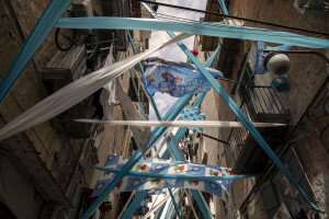 Streets decorated in blue to celebrate the victory of Napoli’s third championship at Spanish neighborhoods in Naples, Southern Italy on April 3, 2023.