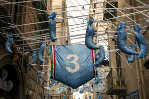 Streets decorated in blue to celebrate the victory of Napoli’s third championship at Spanish neighborhoods in Naples, Southern Italy on April 3, 2023.