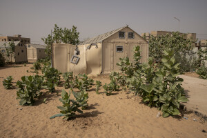 A general view of the Djougop temporary camp for internally displaced people who lost their homes due to coastal erosion in Saint-Louis, Senegal on December 13, 2023. At Djougop temporary camp located seven miles inland people live in small tents without bathrooms and electricity. Toilets and taps for running water are shared.