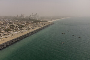 A general view of the barrier built to stop the advance of the sea in Rufisque, Senegal on December 20, 2023.