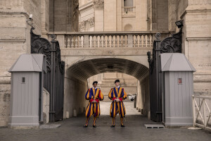 Two swiss guards are seen outside St Peter’s Basilica in Rome, Italy on April 23, 2025.